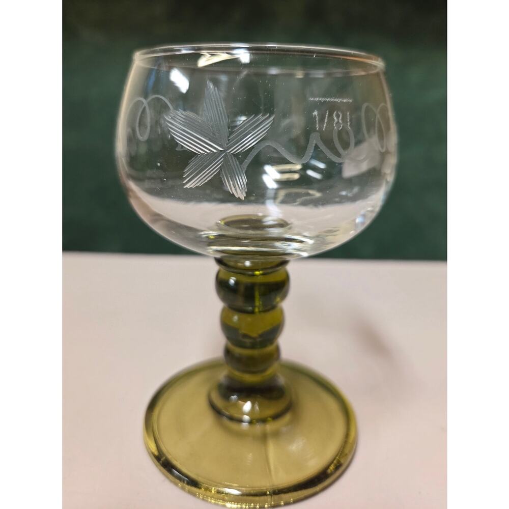 One Roemer German VTG Cordial Olive Bubble Stem, Etched Grapes Austrian Crystal